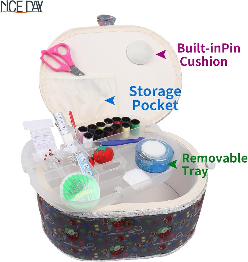 Nice Day Sewing Basket, Classic Fabric Design Sewing Kit Accessories Large Sewing Box Sewing Supplies Organizer and Storage Portable Sewing Kit Embroidery Box 14.6 x 10.6 x 6.7 in (Large/Oval Grey) - Image 2